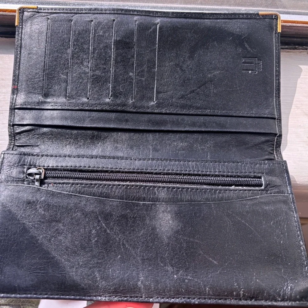 Dunhill Black Leather Long Bifold Wallet Gold Corner Accents Vintage Mens